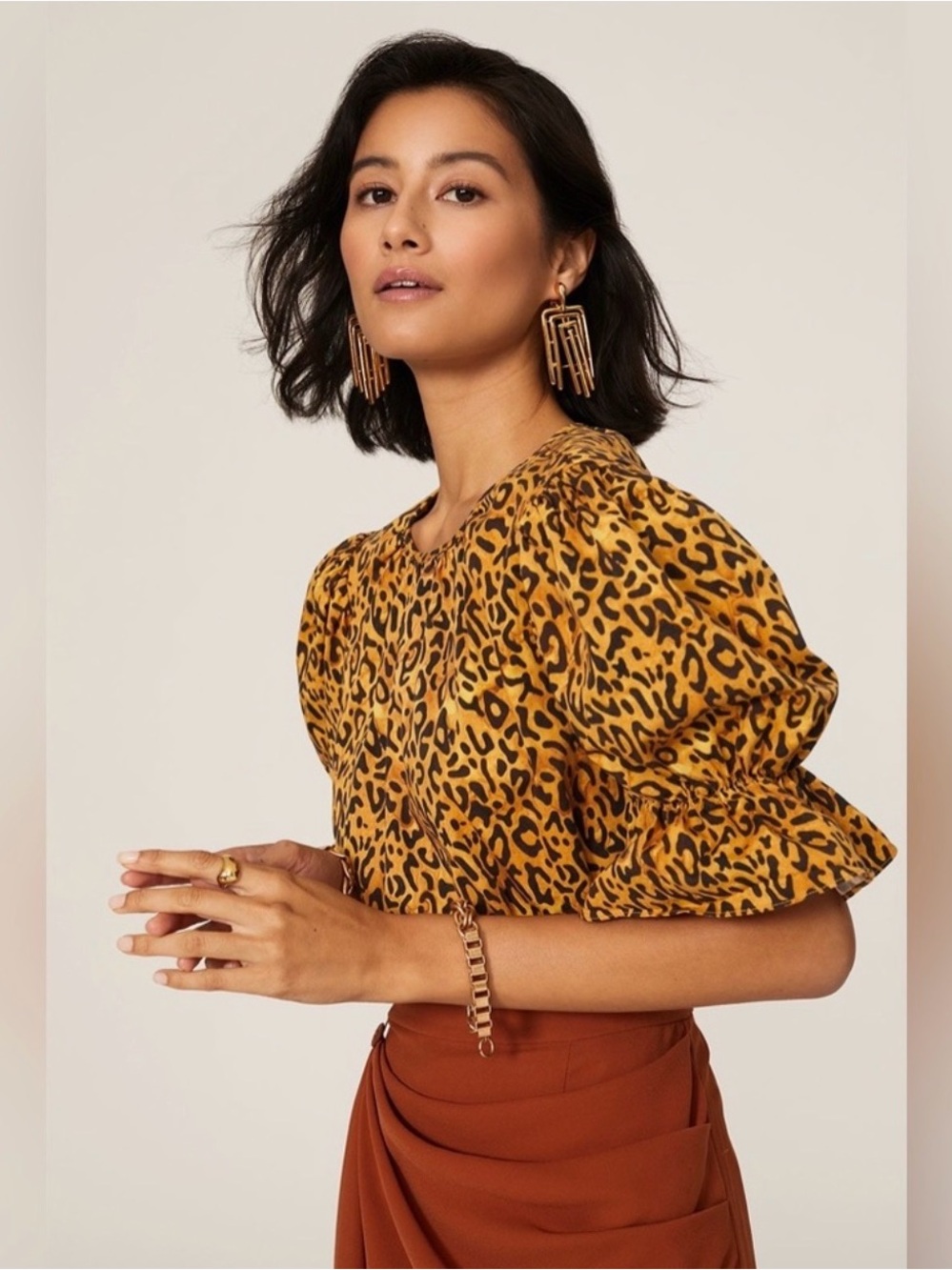 Autumn Adeigbo Amy Leopard Puff Sleeve Blouse Size 8